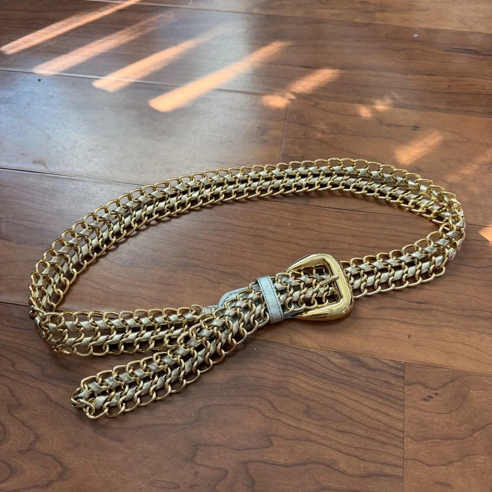 Vintage Gold Multi Strand Woven Chain Belt Y2K Silver Metallic Interlace M/L